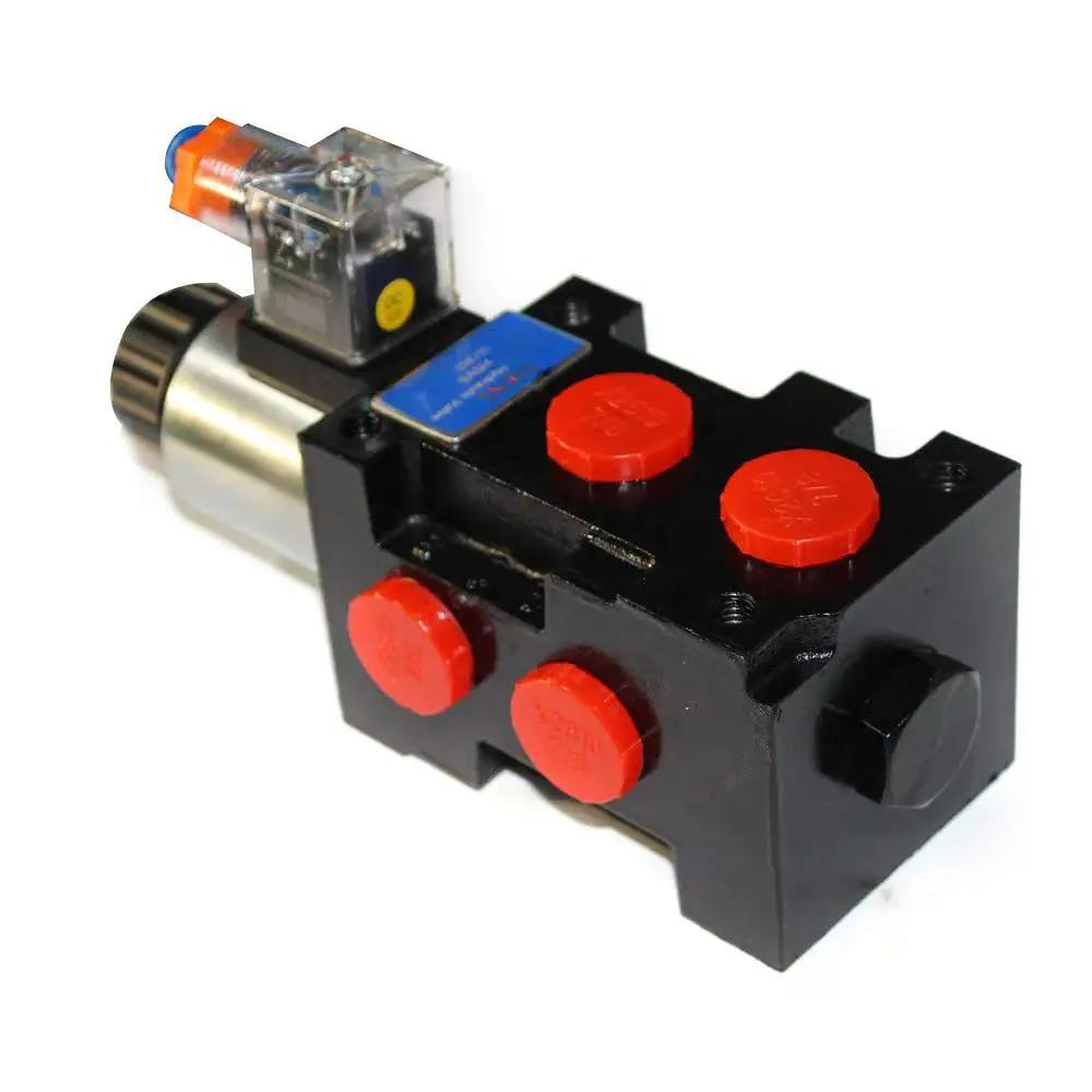 Hydraulic Solenoid Selector Diverter Valve for Switching Oil Circuits, multiple ports, heavy-duty build, side angle view.
