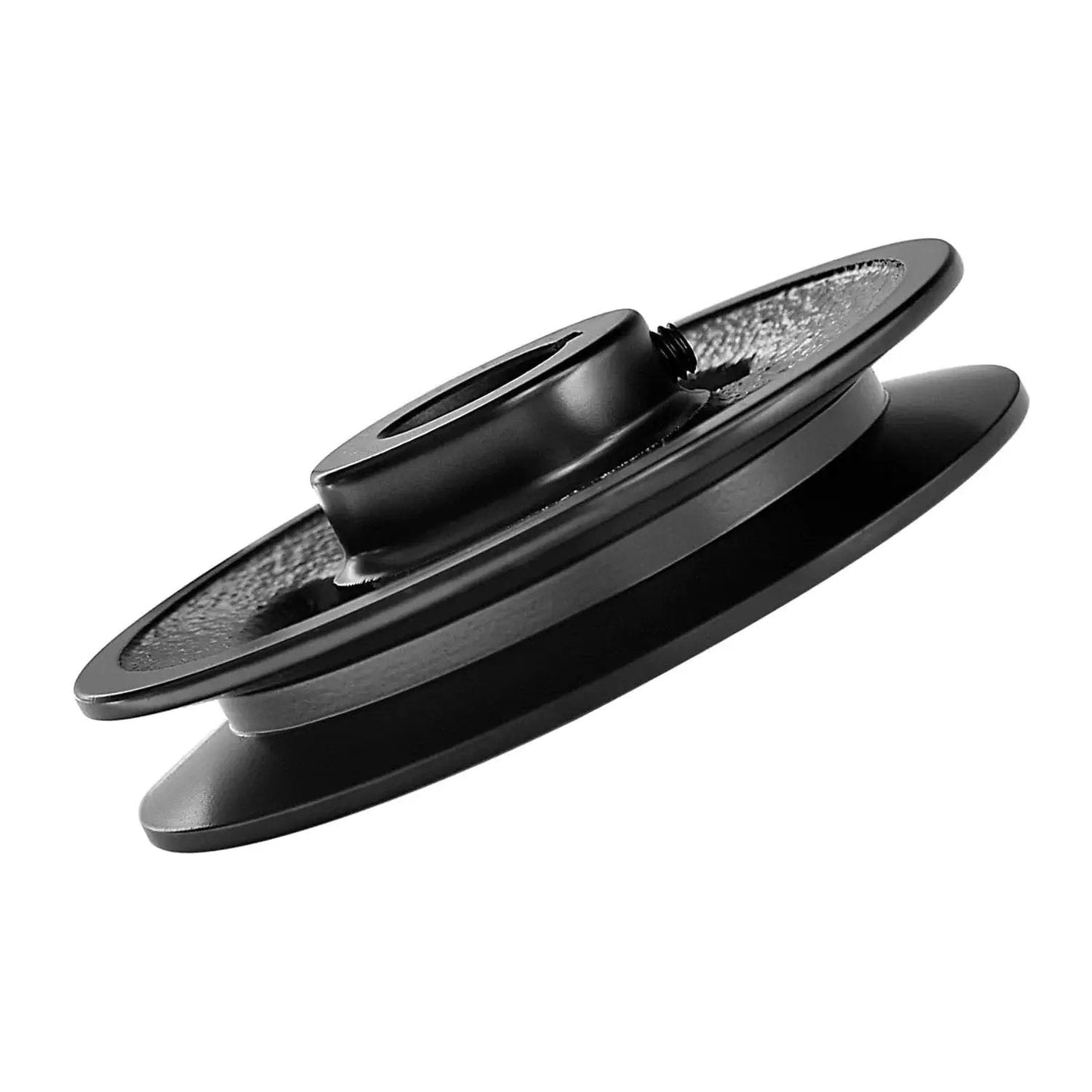 Side view of sturdy 1 inch bore V belt pulley in cast iron, 4.9 inch diameter, single groove, epoxy powder coated, with 2 hex set screws