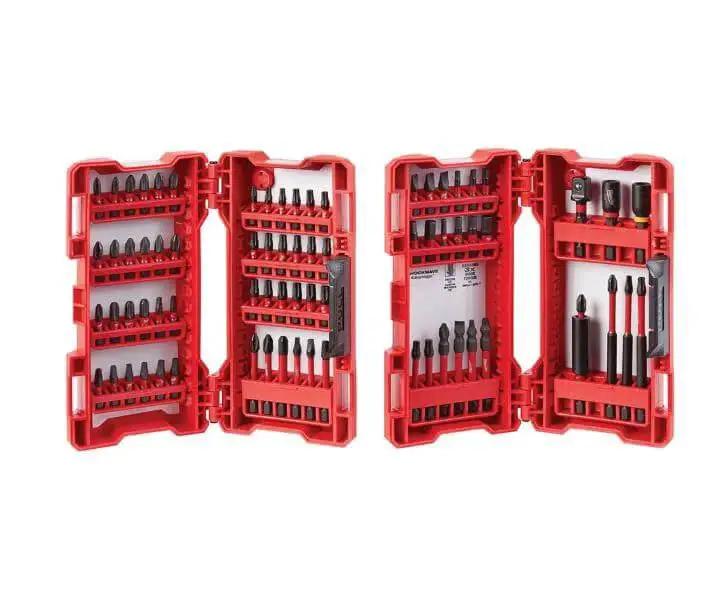 Shockwave Impact Driver Bit Set 74 Piece for Tough Jobs With Geometric Shock Absorption Forged Tips Proprietary Steel Heat Treat Process Over 130 Value by Milwaukee in open red cases
