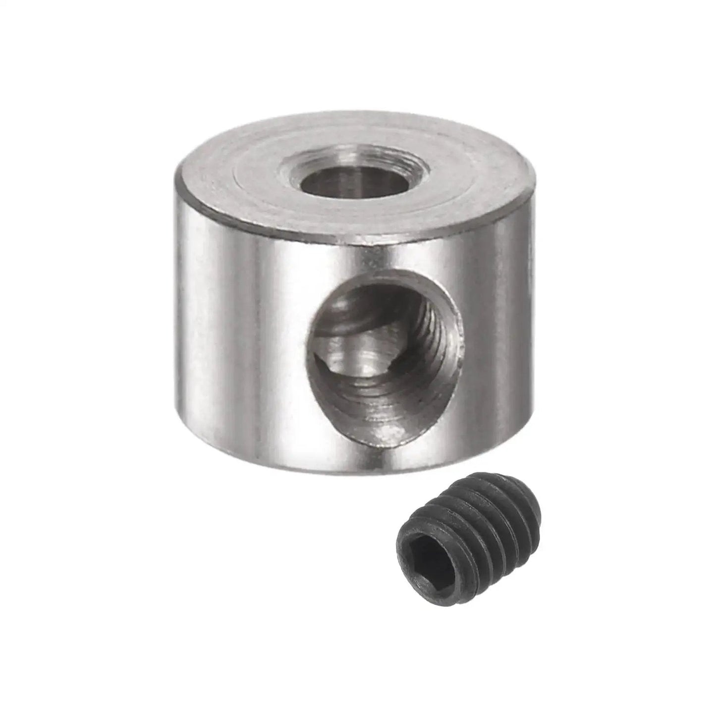 Front view of a 10 Pack 3mm Shaft Collar Set Screws in Stainless Steel 304, 8mm Outside Diameter, 7mm Thick, with set screw
