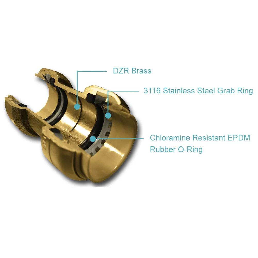 Close-up of 1/2 Inch Boiler Feed Valve With Pressure Reducing Function And Push To Connect Brass Fittings For PEX Copper CPVC PE-RT Systems, Anti-Scald Safety, SharkBite A89 PRV 25521Z with DZR brass, stainless steel grab ring, and chloramine resistant EPDM rubber O-ring.
