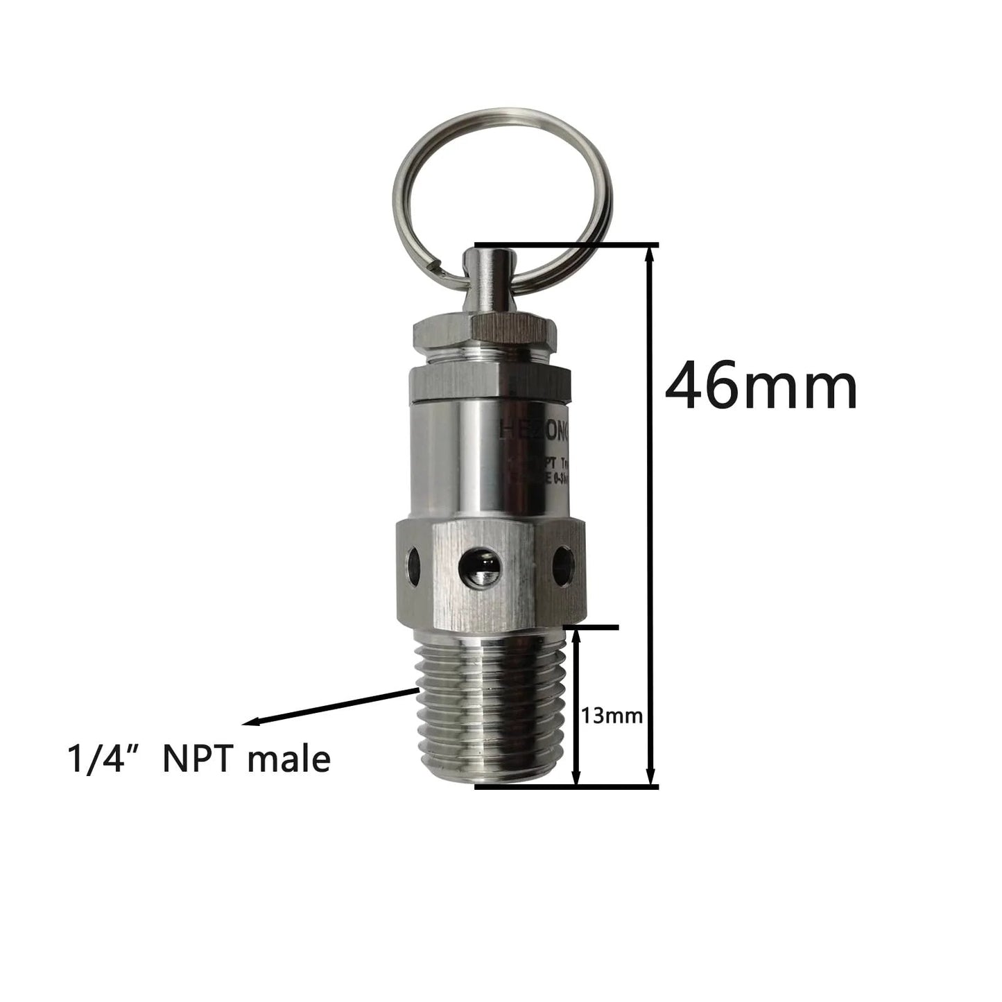Adjustable One Quarter Inch NPT Male Pressure Relief Safety Valve With 0 to 40 PSI Range and 30 PSI Set Point, Made From SS304 Stainless Steel