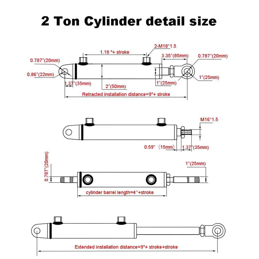 Technical diagram of Double Acting Welded Hydraulic Cylinder 1.5 Bore 8 Stroke 2 Ton JIC Connectors