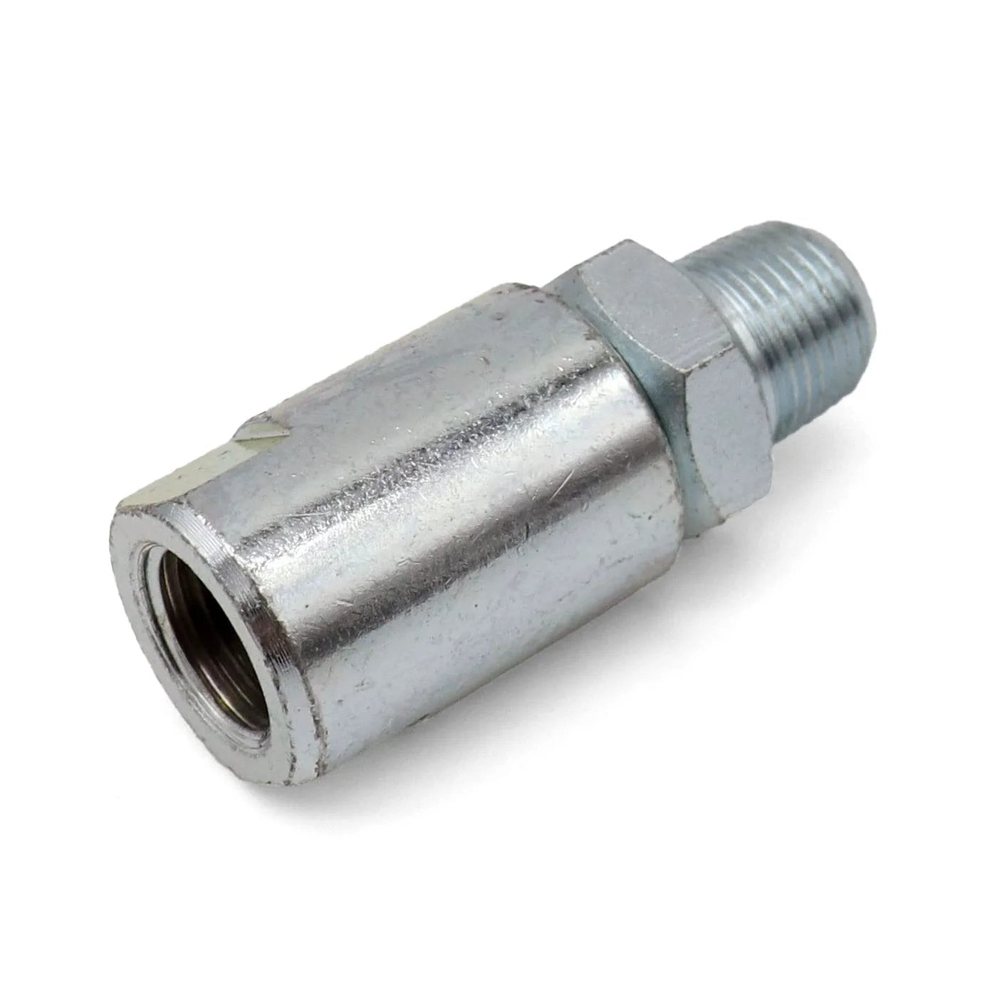 Heavy Duty One Eighth Inch NPT In Line Grease Hose Swivel For Any Manual Grease Gun Fits All Brands Rated Up To Ten Thousand PSI And Just One Point Five Inches Long With Strong Lateral Force Resistance For Tight Spaces.