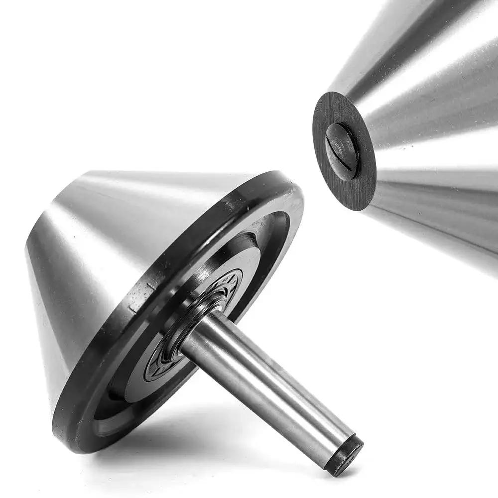 Bull Nose Live Center MT3 Morse Taper 75 Degree Triple Bearing Lathe Centering Tool in alloy steel, close-up of tapered end and bearing.
