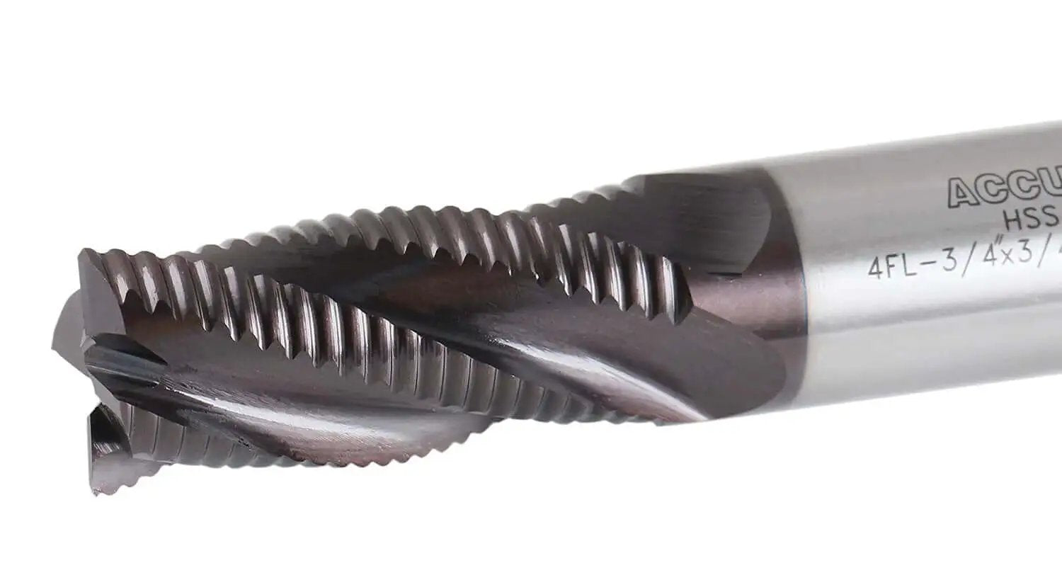 Beefy Roughing End Mill TiAlN Coated M42 Cobalt With Standard Tooth Four Flute Three Quarter Inch Diameter Three Quarter Inch Shank