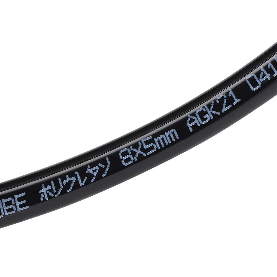 Durable 8mm OD By 5mm ID PU Pneumatic Air Tubing Hose, 2m Length, black, close-up view of printing on flexible polyurethane