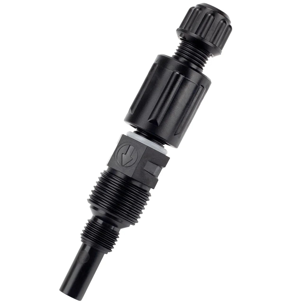 One Quarter Inch Injection Check Valve UCDBINJ for Peristaltic Pumps and Chlorine Systems, black plastic, side view