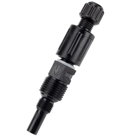 One Quarter Inch Injection Check Valve UCDBINJ for Peristaltic Pumps and Chlorine Systems, black plastic, side view