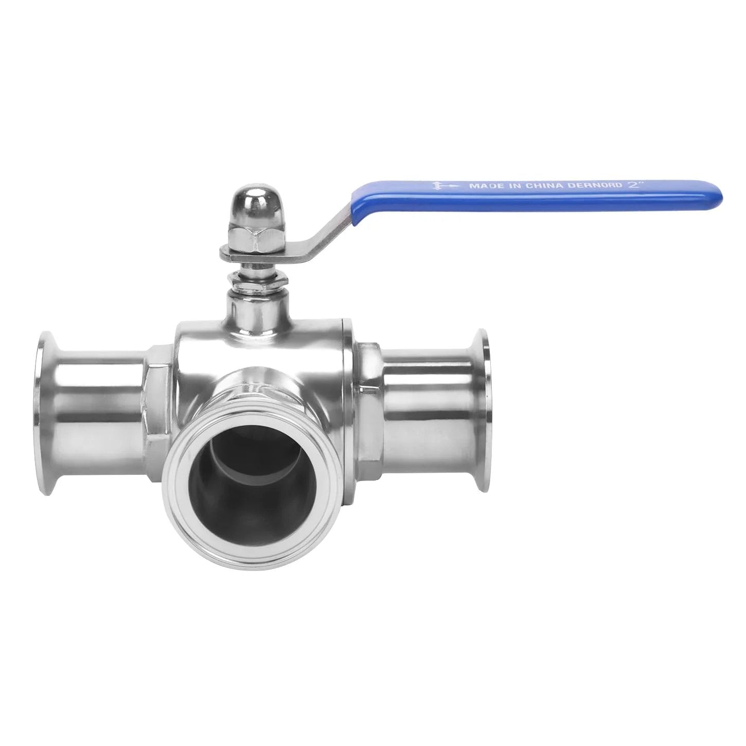 Front view of 2 Inch Tri Clamp Sanitary 3 Way Ball Valve T Port Stainless Steel 304 PTFE Lined For Food And Beverage Dairy Beer Brewing Water Supply Pharma And Bio Chemical Ops, Pro Grade 2 Inch Tube OD DERNORD.