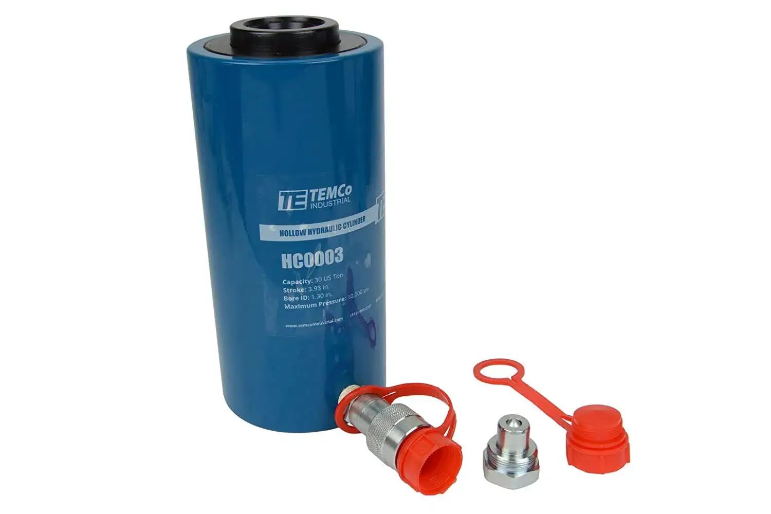 Hollow Hydraulic Cylinder Ram 30 Ton, 4 Inch Stroke, 10000 PSI, Quick Coupler with blue casing and red safety caps