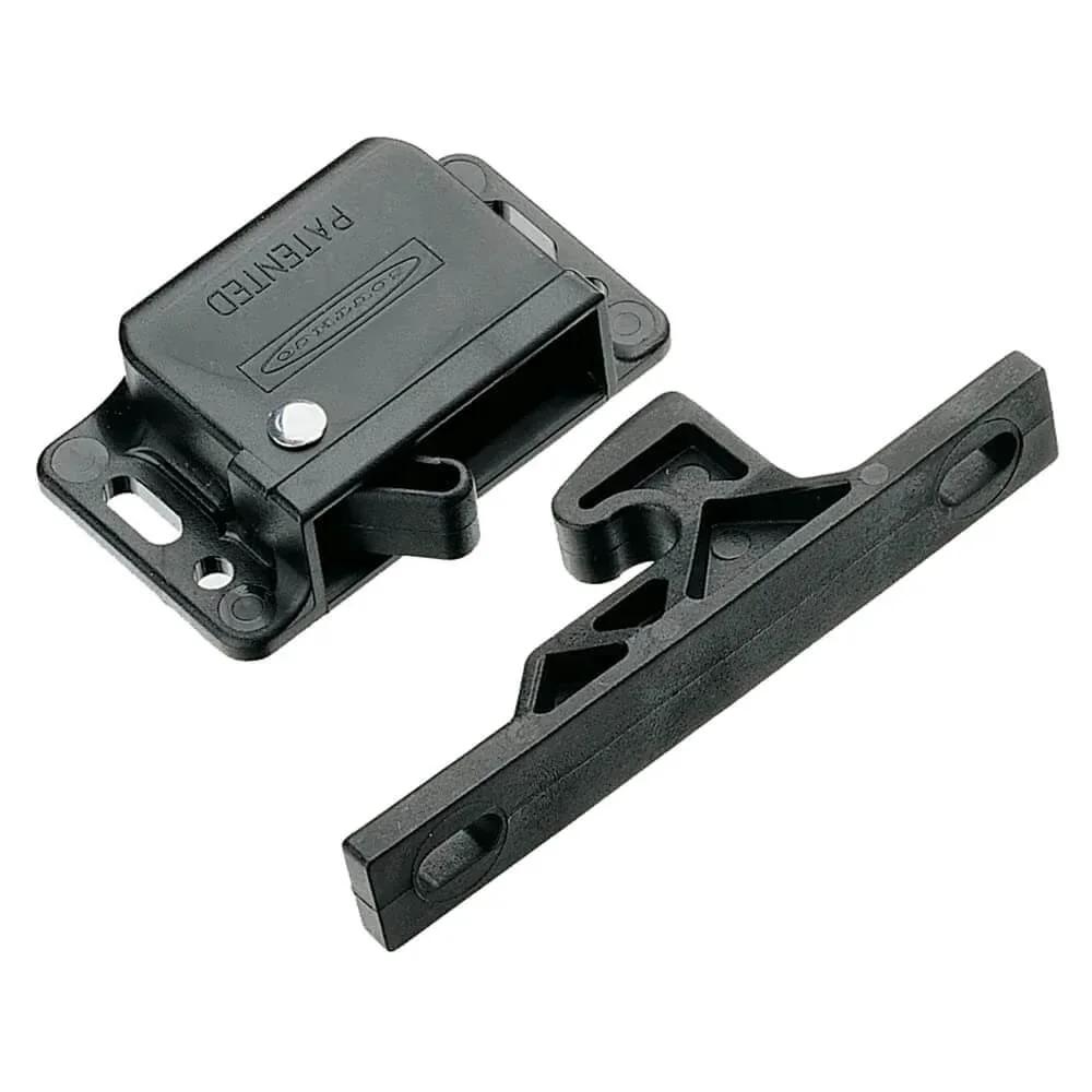 Grabber Catch Latch Side Mount Black Durable Latch with Pull Up Force 44 Newtons shown in two-piece set for secure fastening