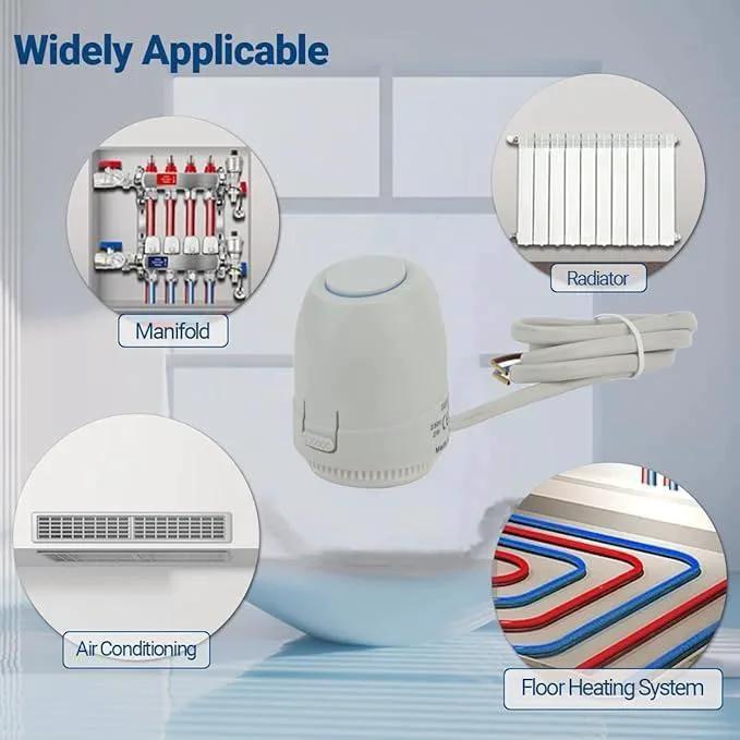 2W Normally Closed 24V Electric Thermal Actuator For Underfloor Heating Systems IP54 Waterproof Thermostat Valve With 2 Wire Connection Durable PC Construction Easy Install And Reliable Heating Control, surrounded by images of manifold, radiator, air conditioning, and floor heating system.
