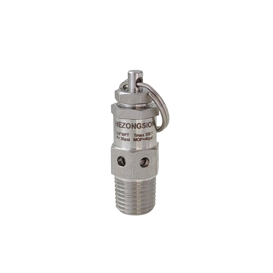 Adjustable One Quarter Inch NPT Male Pressure Relief Safety Valve With 0 to 40 PSI Range and 30 PSI Set Point, Made From SS304 Stainless Steel