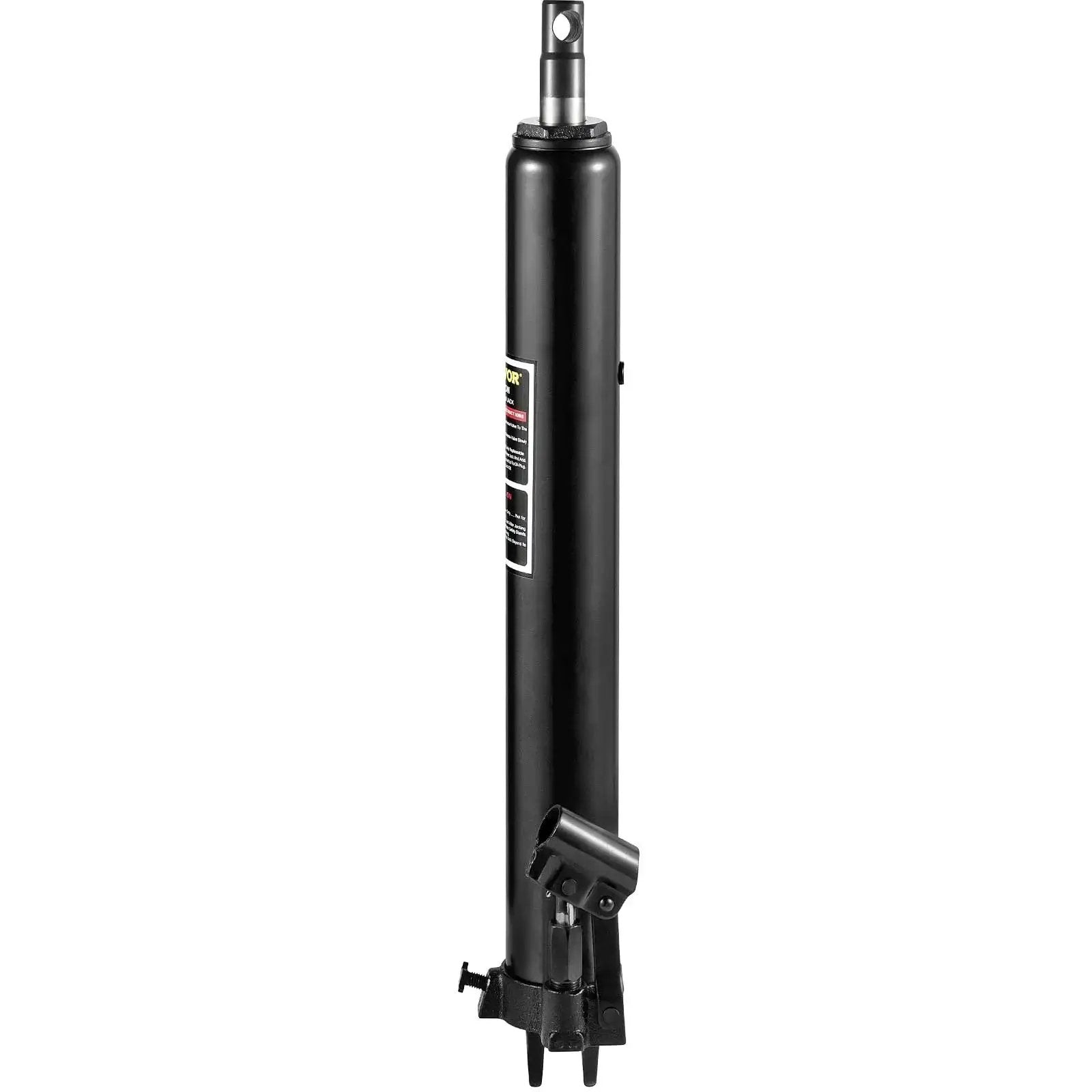 Three Ton Hydraulic Long Ram Jack With Clevis Base For Engine Hoist in black, side view showing clevis base and extension rod.