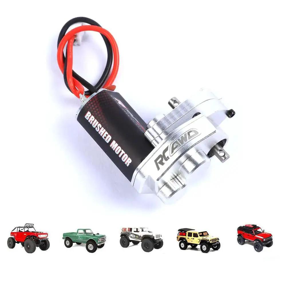 Upgraded 55T Carbon Brush 050 Motor with Aluminum Gear Case for SCX24 models, featured with brushed motor and gear detail.