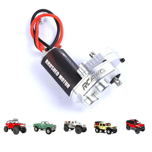 Upgraded 55T Carbon Brush 050 Motor with Aluminum Gear Case for SCX24 models, featured with brushed motor and gear detail.