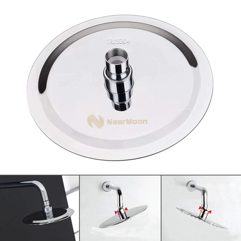 Ultra Thin 8 Inch Stainless Steel Rain Shower Head With High Flow Pressure Boost and Dope Chrome Finish Luxury Designer Rainfall Showerhead for Modern Bathrooms NearMoon image showing a close-up of the shower head