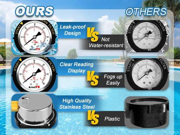 Comparison of manual pool filter air relief valve with waterproof stainless steel pressure gauge and plastic alternative