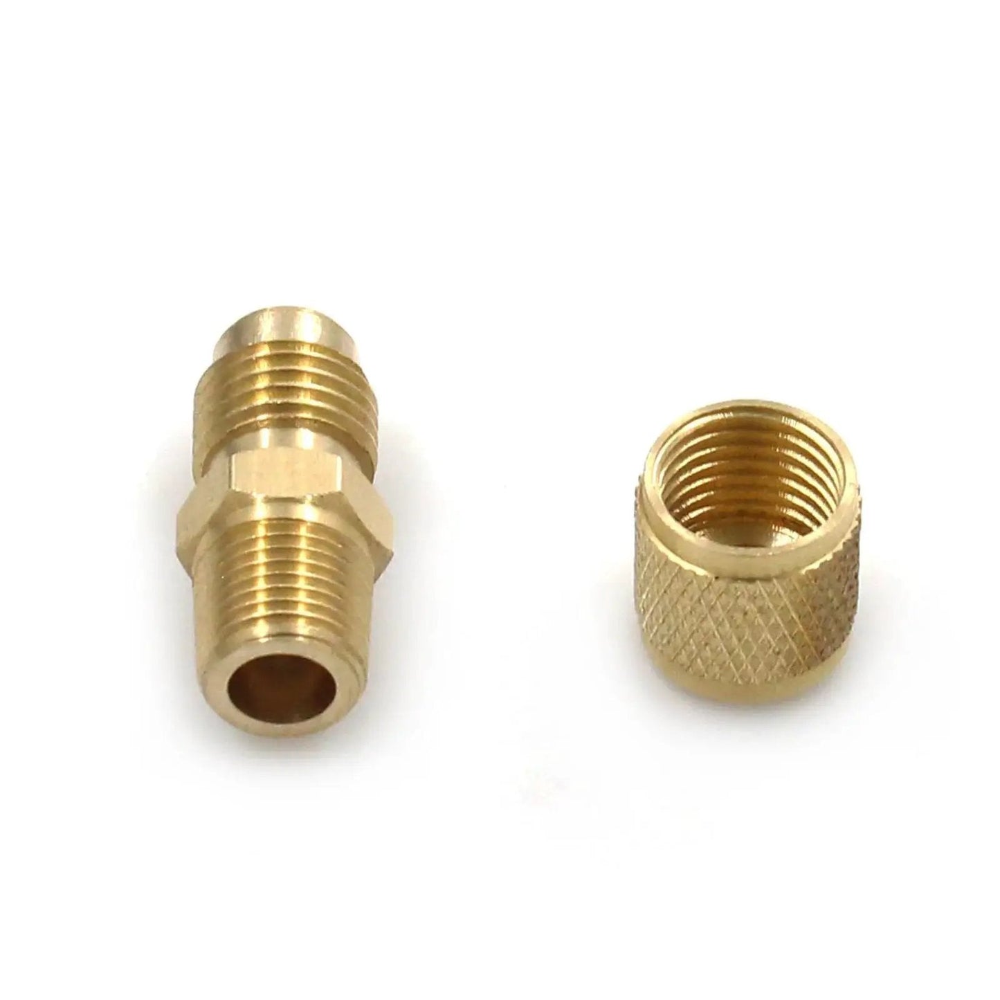 Ford Powerstroke 7.3 Fuel Pressure Test Port Adapter 1/8NPT With 90 Degree Elbow made of metal, shown in two parts.