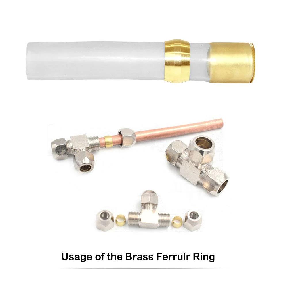 Brass Compression Sleeve Ferrule Kit For Three Eighths Inch Tube OD And Ten Millimeter OD Tubing Pack Of Forty Pro Grade Heavy Duty Copper Tone Fittings Rated To Three Thousand PSI For High Pressure Fluid And Gas Lines installed on tubing and connectors.