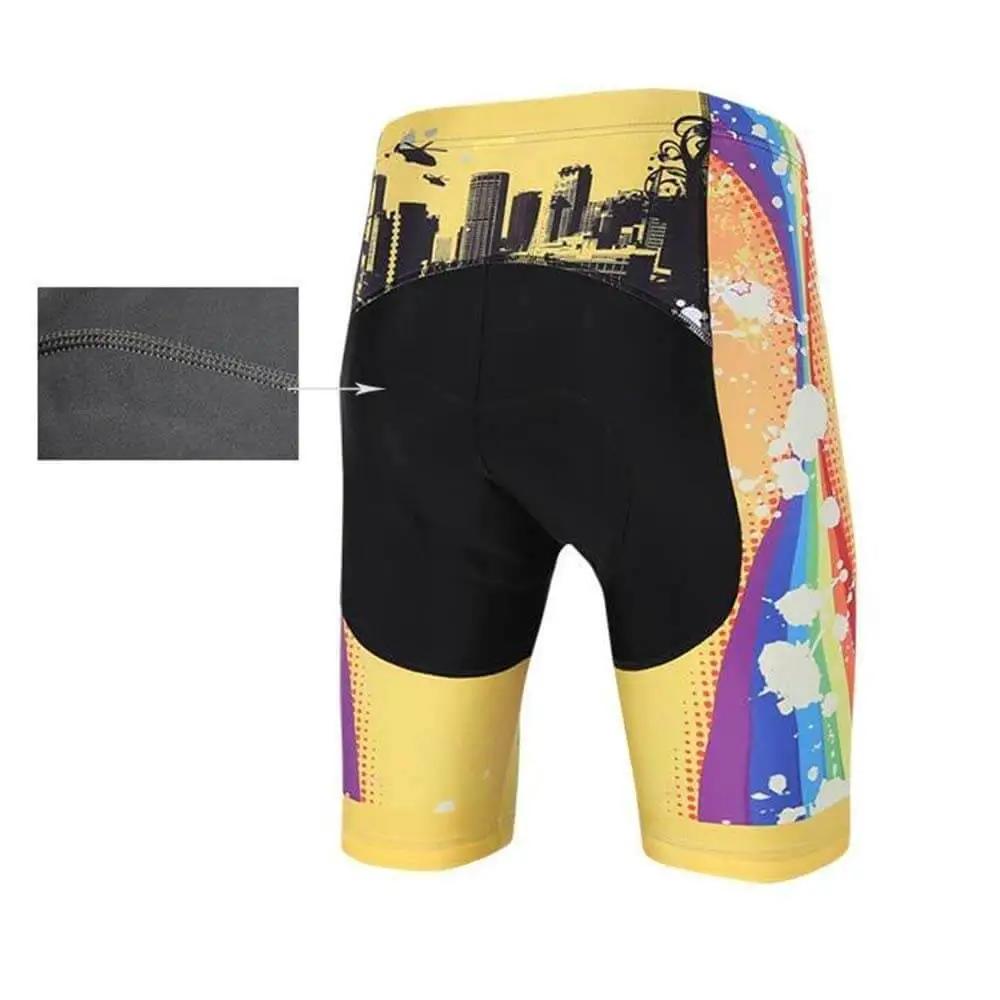 Back view of colorful cycling shorts with cityscape and rainbow pattern, showing detailed stitching inset.