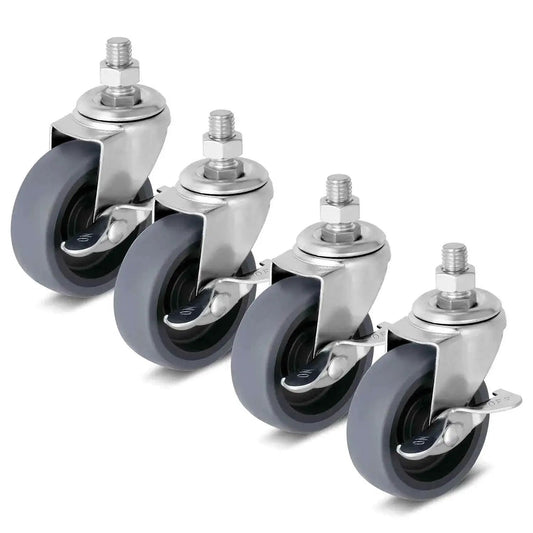 3 Inch Caster Wheels Set Of Four With Side Brake Heavy Duty Swivel Casters For Workbenches Carts And Shelving Units 600 Lb Per Wheel Load Capacity M12 1.75 By 25 Mm Threaded Stem Quiet Non Marring Replacement