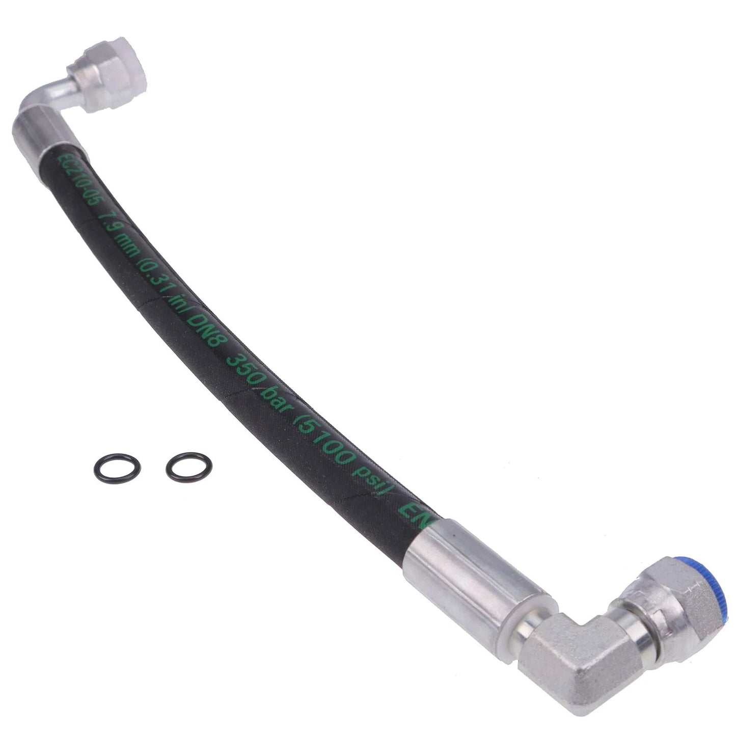 Heavy Duty Hydraulic Hose AW29374 For John Deere Front Loaders, shown with connectors and O-rings, silver, compatible with D120 H120 H130 H160 H165 120E 120R 200X 200CX 210 300 300X 300CX 300E 300R 400E 400X 400CX 410 419 420 430 512