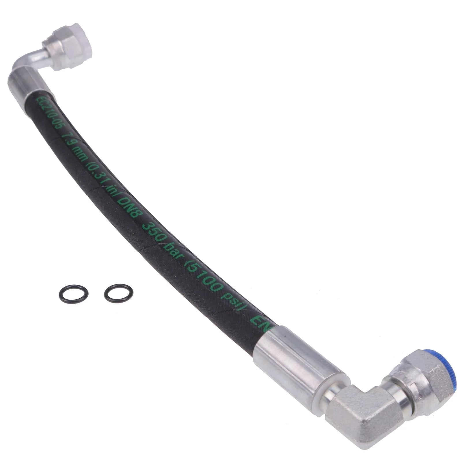Heavy Duty Hydraulic Hose AW29374 For John Deere Front Loaders, shown with connectors and O-rings, silver, compatible with D120 H120 H130 H160 H165 120E 120R 200X 200CX 210 300 300X 300CX 300E 300R 400E 400X 400CX 410 419 420 430 512