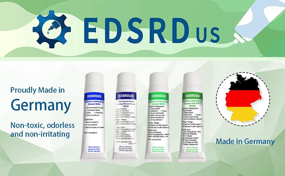 Four tubes of EDSRDus non-toxic silicone grease with German flag, labeled as made in Germany
