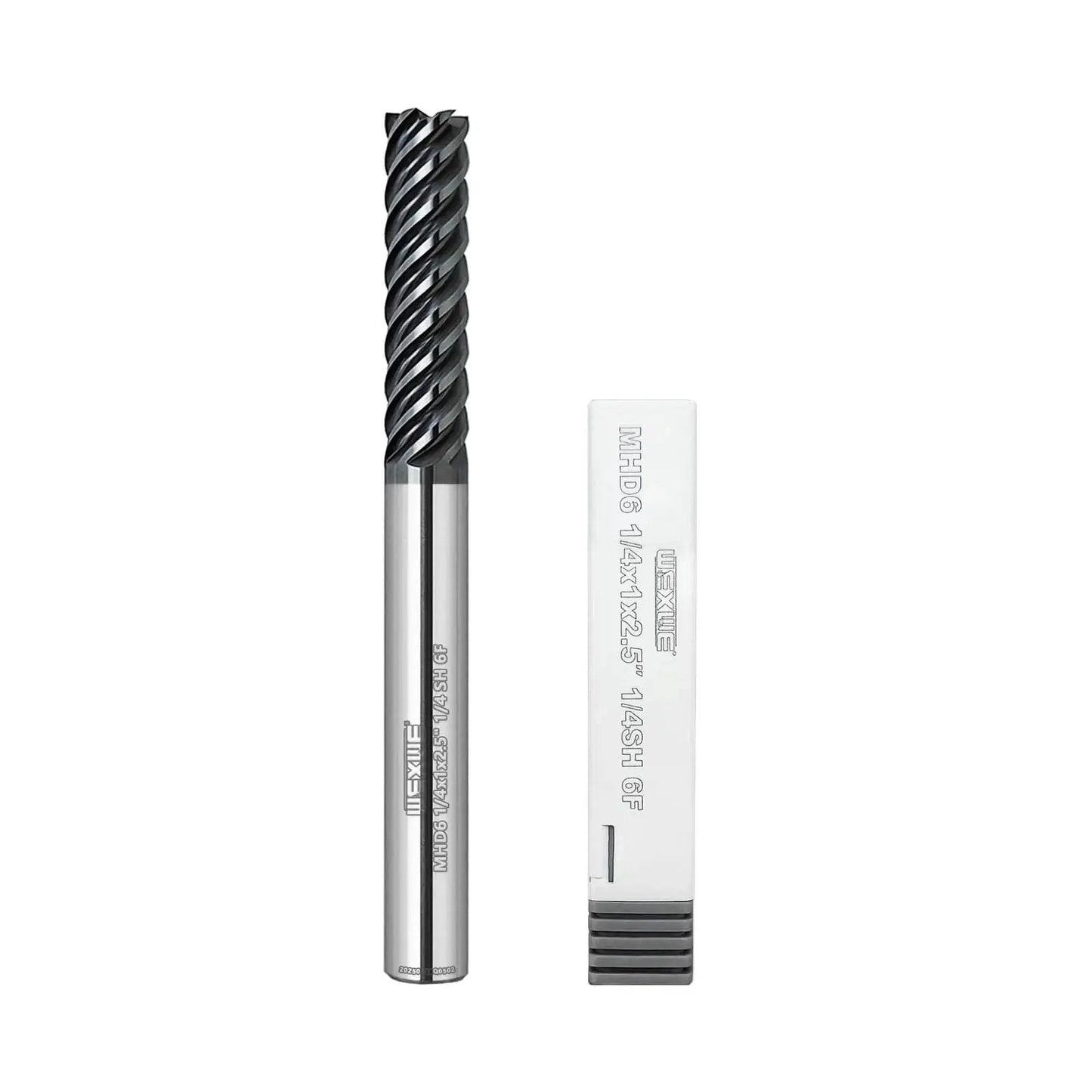 Carbide End Mill 6 Flute Square Milling Cutter With 50 Degree High Helix For High Hardness Steel Finishing Balzers PVD Coated Tungsten Carbide HRC68 Ultra Fine Grain One Quarter Inch Shank Two And A Half Inch Cut Length One Piece