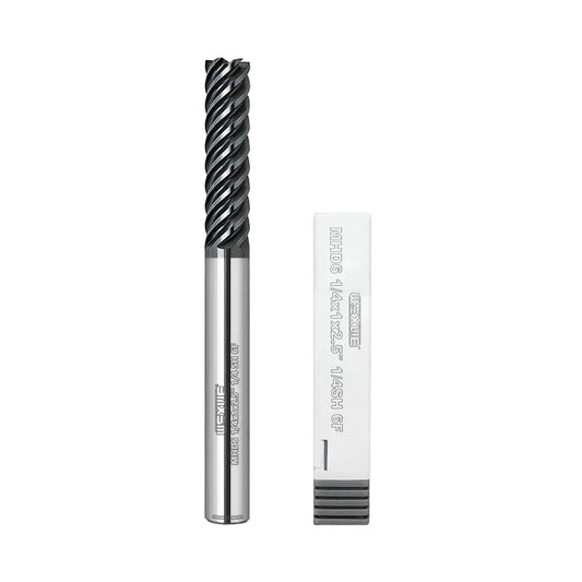 Carbide End Mill 6 Flute Square Milling Cutter With 50 Degree High Helix For High Hardness Steel Finishing Balzers PVD Coated Tungsten Carbide HRC68 Ultra Fine Grain One Quarter Inch Shank Two And A Half Inch Cut Length One Piece