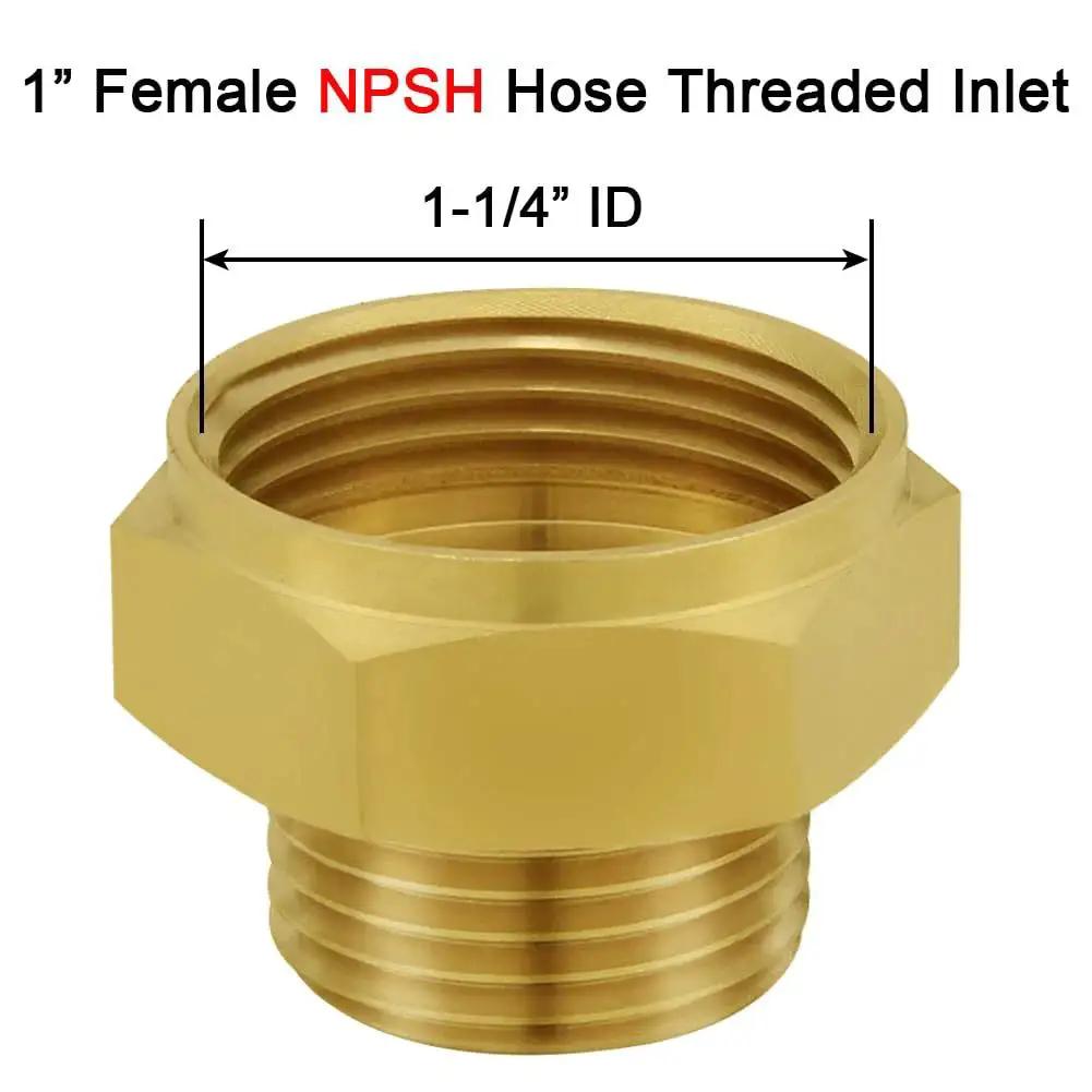 Heavy Duty Brass Garden Hose Adapter 1 Inch NPSH Female To Three Fourths Inch GHT Male Connector shown in close-up view