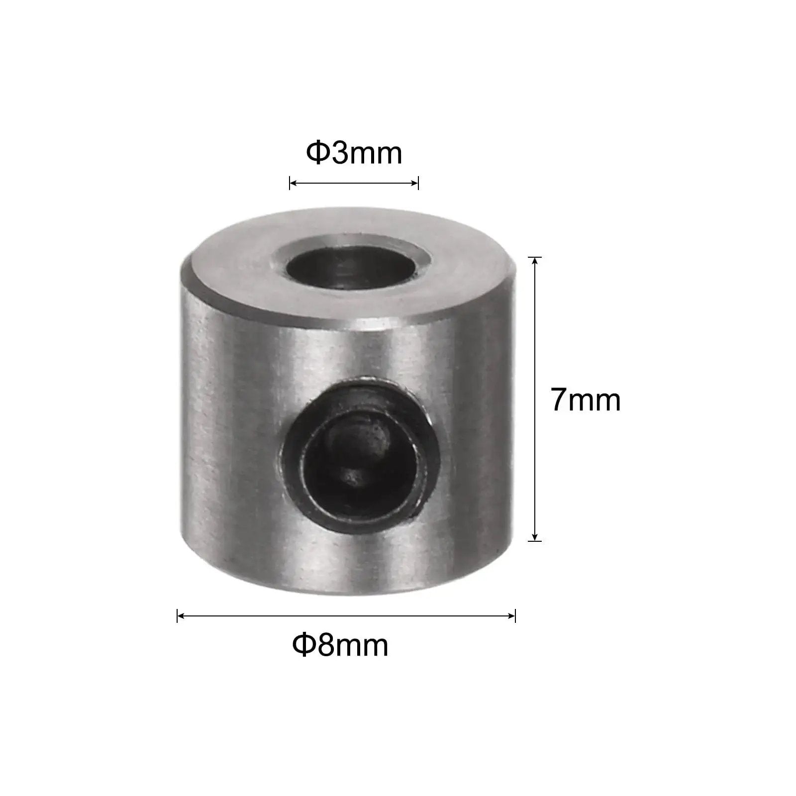 10 Pack 3mm Shaft Collar Set Screws In Stainless Steel 304, 8mm Outside Diameter, 7mm Thick, close-up view