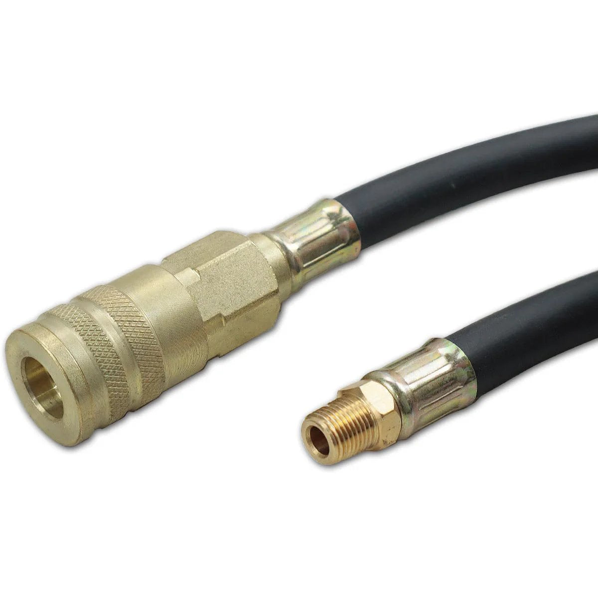 Close-up of 72-inch hose connectors from Engine And Transmission Oil Pressure Test Kit With 14 Thread Adapters 72 Inch Hose And Dual Gauges