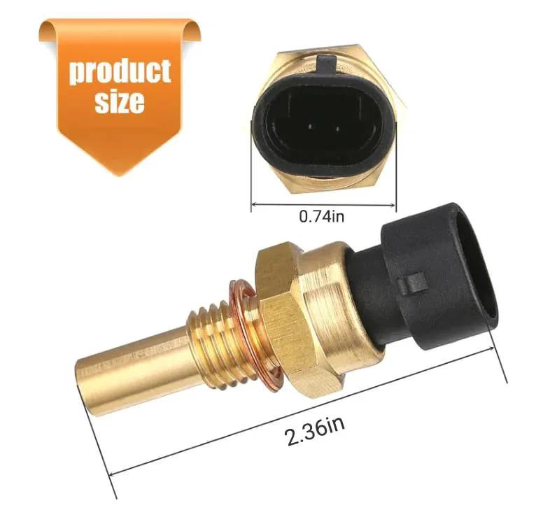 Engine Coolant Temperature Sensor Replacement For Delphi Vehicles ECT Sensor With Brass Body Direct Fit Plug And Play For Easy Install And Reliable Temperature Readings 15404280 12191170 60811520 12608814 Gold Finish Car Part, showing size dimensions: 0.74in and 2.36in.