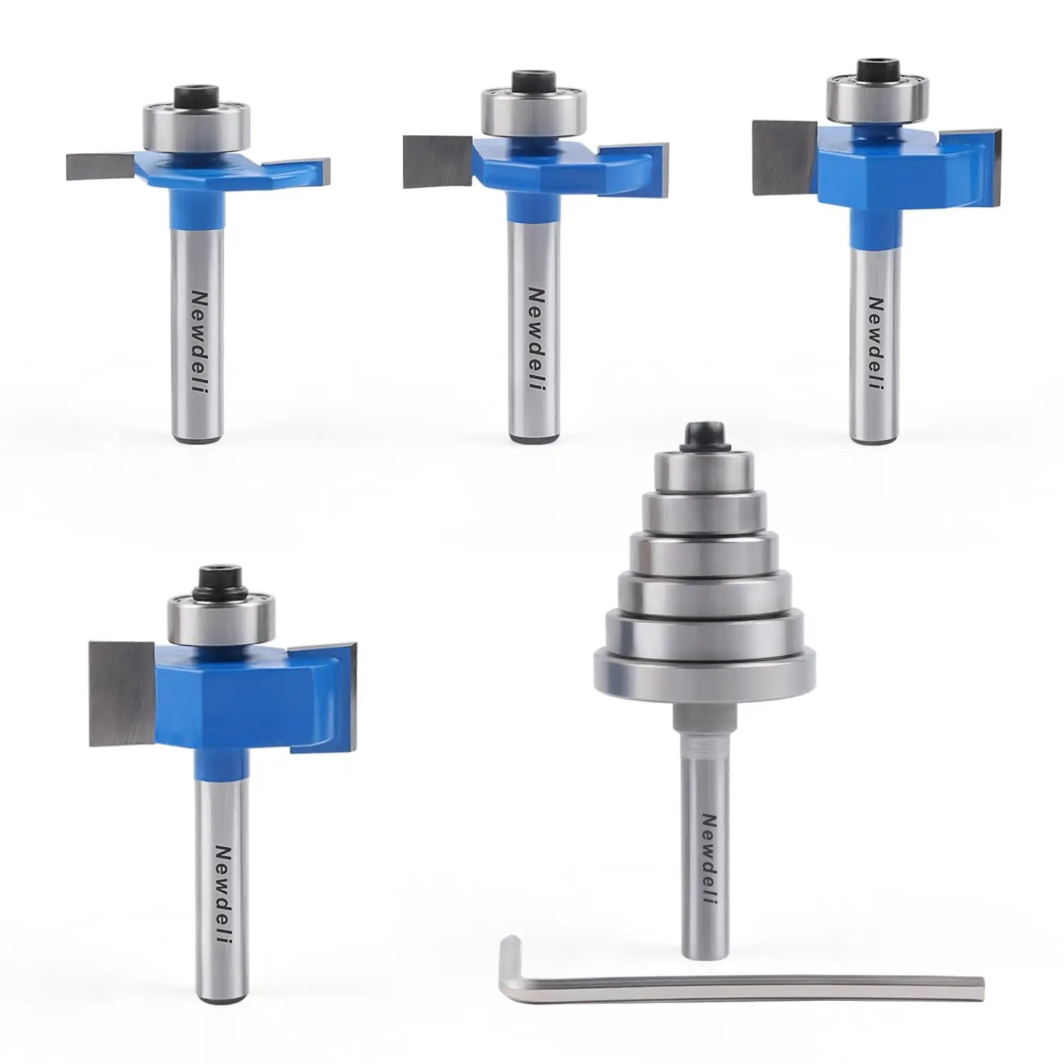 Rabbet Router Bit Set With One Quarter Inch Shank Includes Four Cutting Heights And Six Interchangeable Bearings For Depths In Easy To Use Woodworking Kit Built With YG8 Carbide Blade For Precise Rabeting And Biscuit Slot Cutting, showing router bits and bearings.