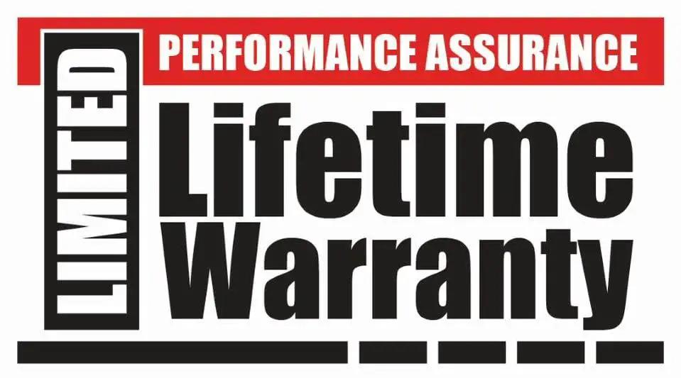 Limited performance assurance lifetime warranty sign in bold black and red text on a white background
