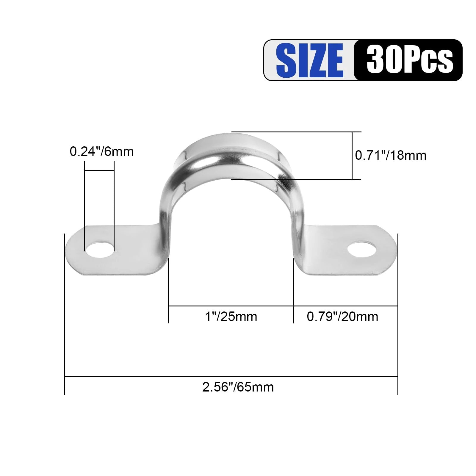 Diagram showing dimensions of 30Pcs 1 Inch Stainless Steel Conduit Clamps With 2 Hole U Bracket Straps Tension Clips For Pipe And Cable Fixing