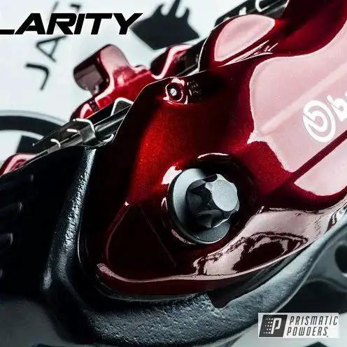 Close-up of automotive brake caliper with Clear Vision Powder Coat Top Coat for automotive wheels high gloss UV resistant