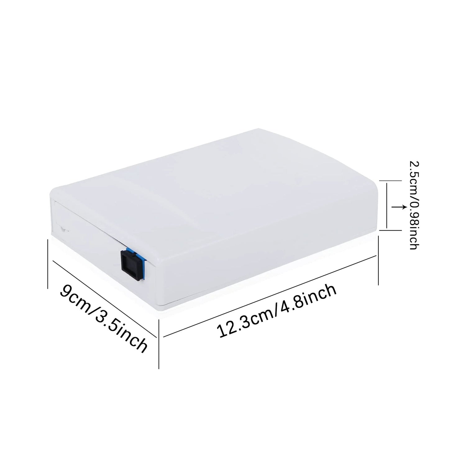 2 Port Fiber Optic Terminal Junction Box Desktop Panel For FTTH With SC UPC Connectors And Plug And Play Cable Management For Redundant Storage Durable Fiber Box For Home Office And Networking Setups shown from side view with dimensions