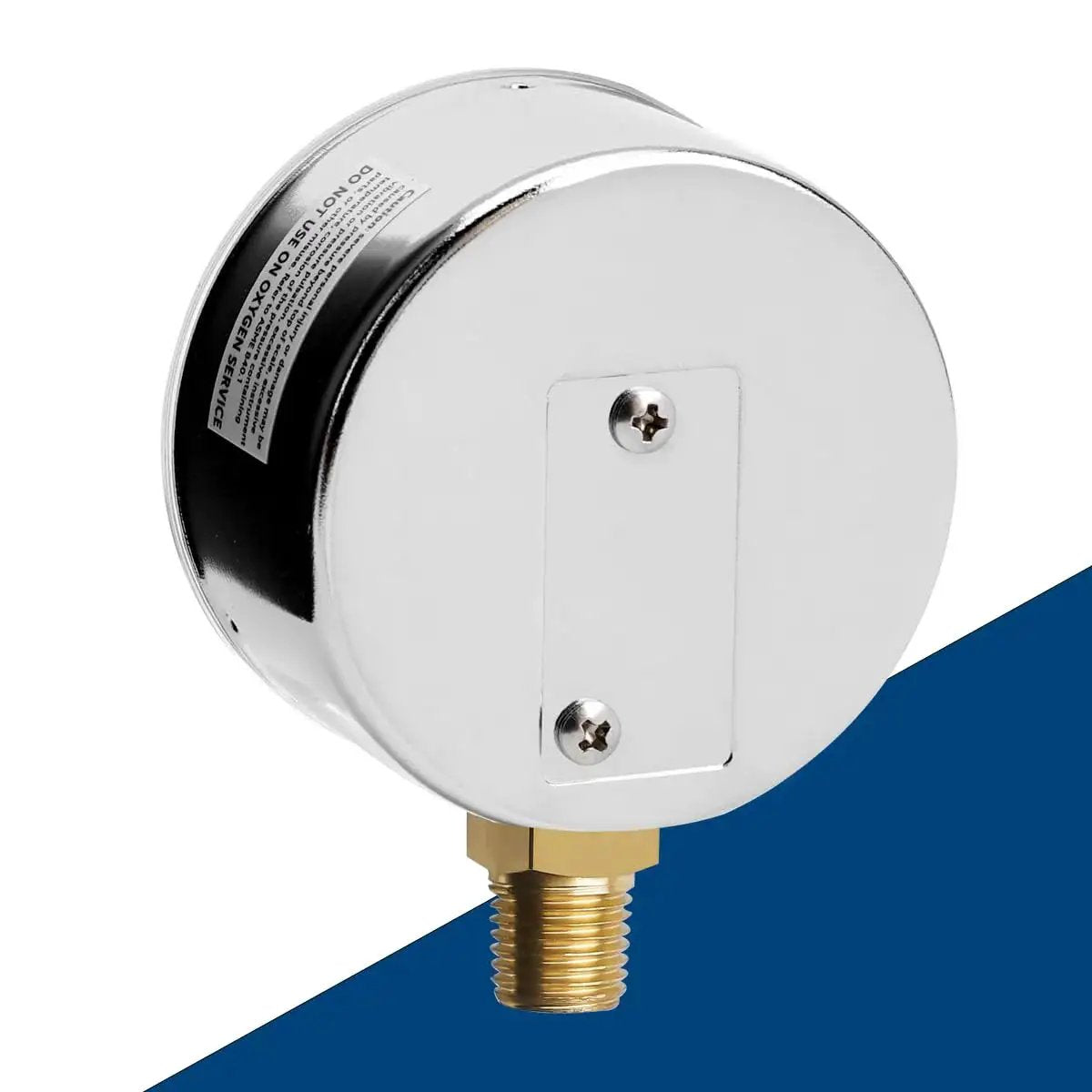 Back view of Low Pressure Capsule Gauge 0 to 3 Psi for Air Water and Gas Testing, chrome plated with brass quarter inch NPT lower mount.
