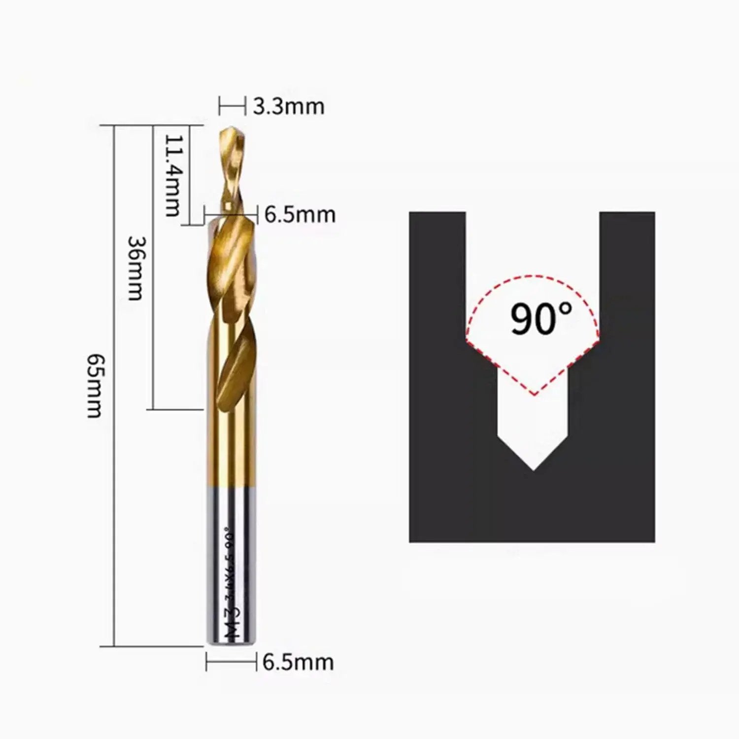 Two Stage Step Drill Bit Stainless Steel Pro Grade For Copper Aluminum Stainless Steel Titanium Alloy Variable Diameter Countersunk Head Chamfering And Hole Drilling 3.4 To 6.5mm Range 90 Degree Shank High Speed Helix Long Life with dimensions 3.3mm and 6.5mm shown