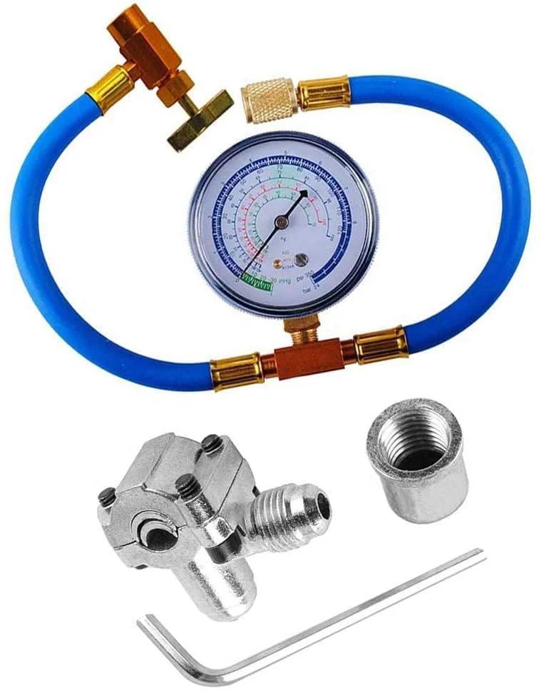 Bullet Piercing Valve Kit For HVAC Line Tap 3 In 1 Access, 4 Pack, includes gauge, hose, and metal valve fittings visible