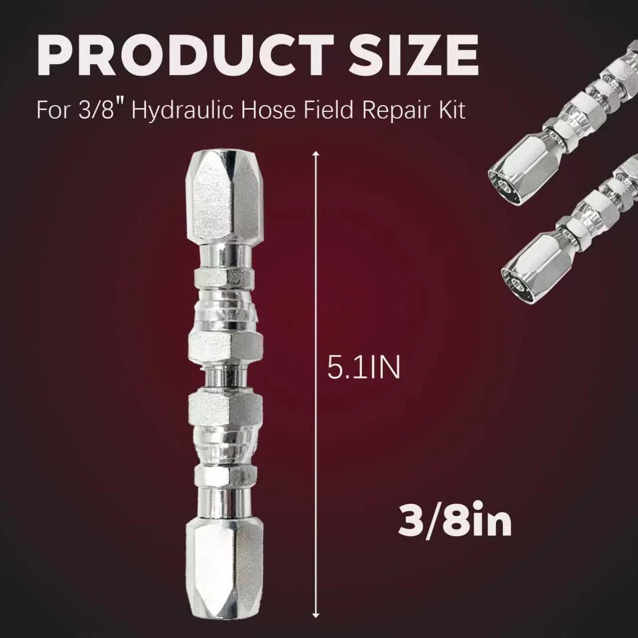 Two Pack Three Eighths Inch Hydraulic Hose Repair Kit With Two Wire Reusable Fittings Broad Compatibility For R2 R16 R17 And R19 Braided Hoses Quick Durable Fix For Damaged Three Eighths Inch Hydraulic Lines showing product size and dimensions.