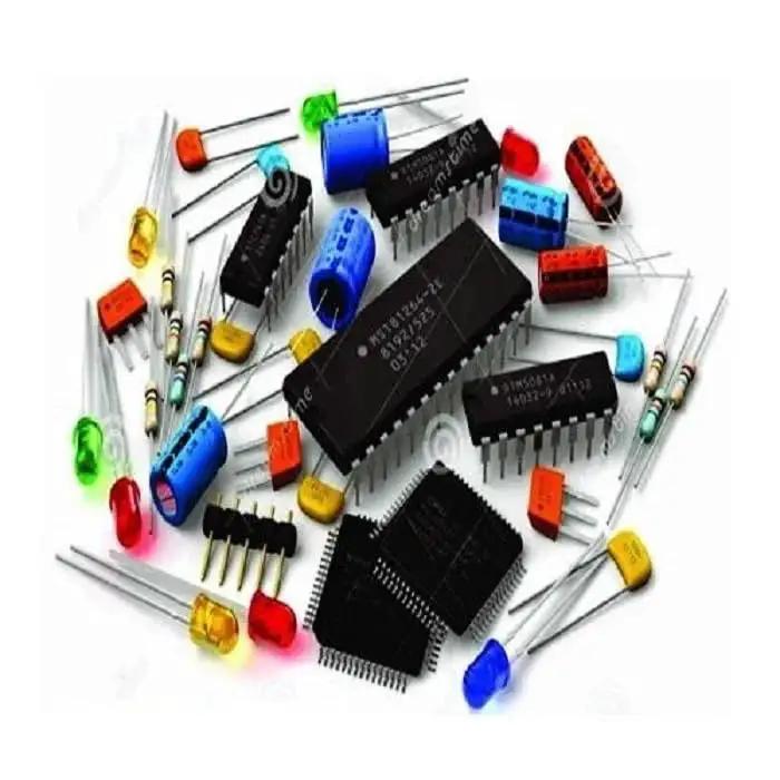 Assorted electronic components including resistors, capacitors, and microchips arranged on a white background.