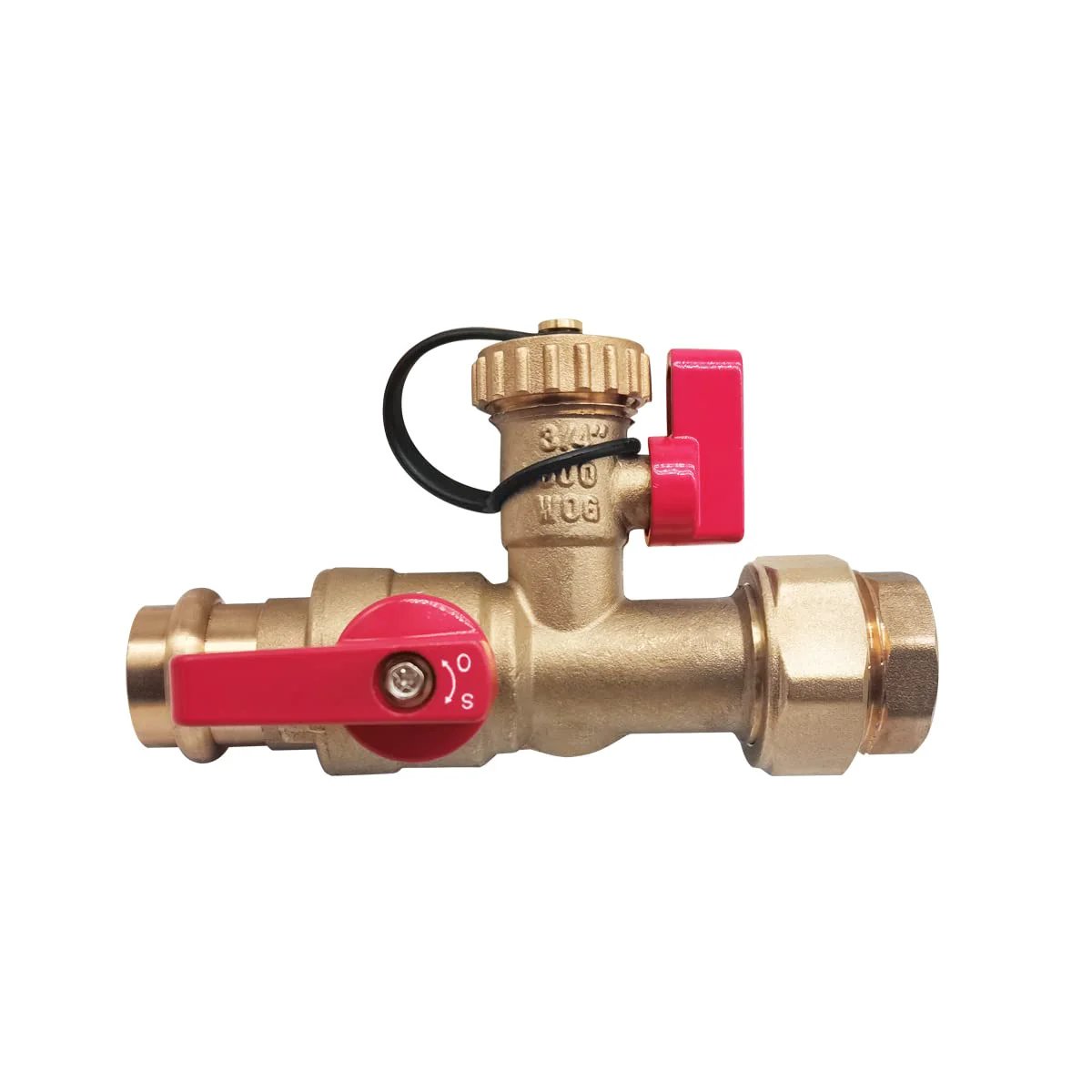 Tankless Water Heater Isolation Valve Kit With Pressure Relief Valve In Clean Brass For Low Lead Codes, Three Quarters Inch Female Threaded X Press Connection