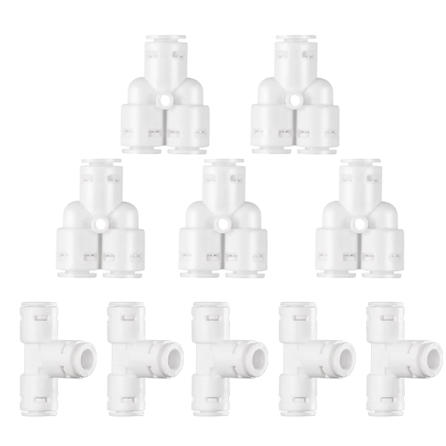 Ten Pack Quarter Inch Tee And Y Push Fit Fittings For RO Water Systems And Refrigerators, High Pressure POM Quick Connects.