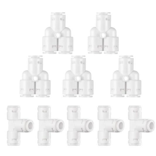 Ten Pack Quarter Inch Tee And Y Push Fit Fittings For RO Water Systems And Refrigerators, High Pressure POM Quick Connects.