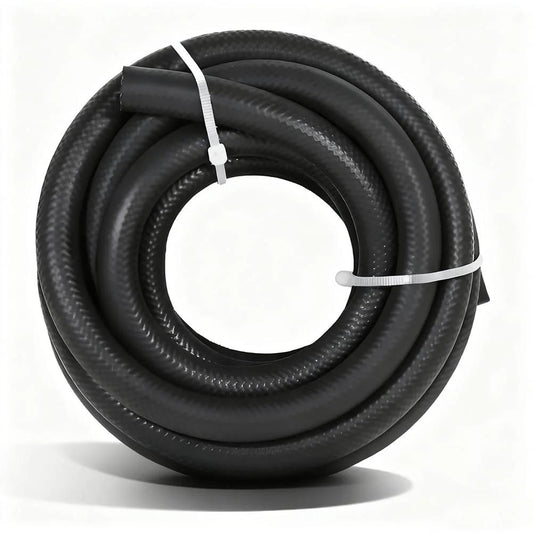 Three Eighth Inch Inner Diameter Transmission Oil Cooler Hose For Power Steering And Fuel Lines Ten Feet Long High Pressure 300 PSI Braided Reinforced NBR Rubber Hose Built To Last For Hydraulic Systems And J1532 Compatible Applications coiled view